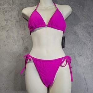 Suvimuga 2‎ Piece Bikini Set Swimsuit Medium Pink Triangle String Cheeky